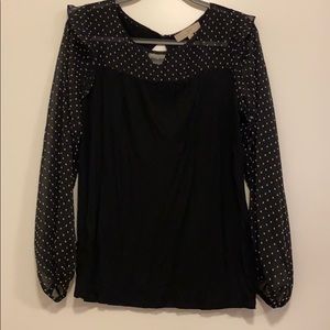 LOFT black blouse with sheer polka dot sleeves